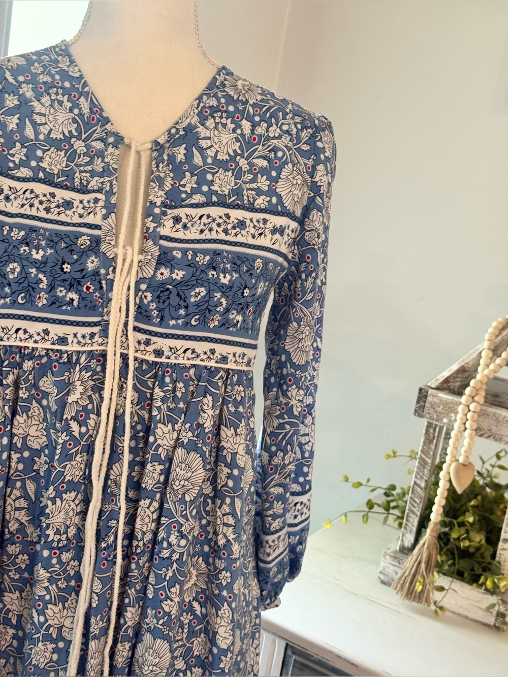 R. Vivimos Bohemian Blue Floral Tassel Midi Dress | Size Small - Picture 4 of 12